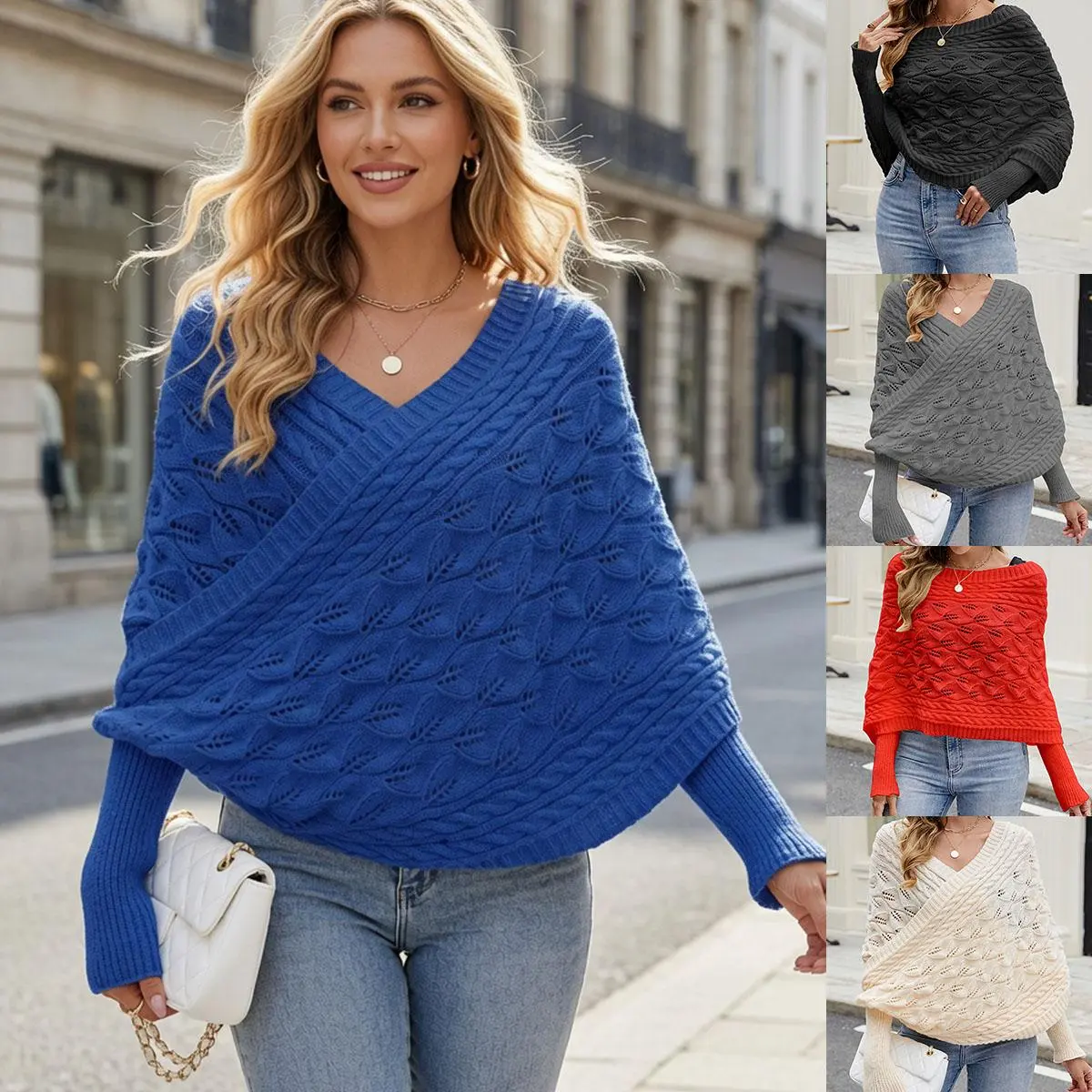 New for Autumn/Winter 2026! Casual knitted wrap—outerwear/batwing sleeves/open-knit design/long-sleeve knit cover-up; available in multiple colors!