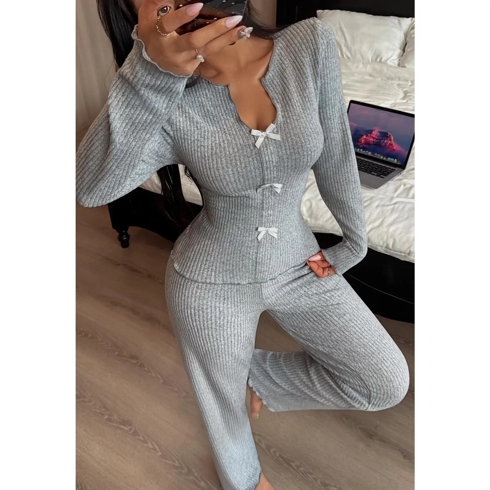 Women's Ribbed Knit 2‑Piece Loungewear Set, Long Sleeve V‑Neck Bow‑Decor Peplum Top and Ruffle‑Hem Wide Leg Pants, Soft Casual Outfit for Home and Daily Wear