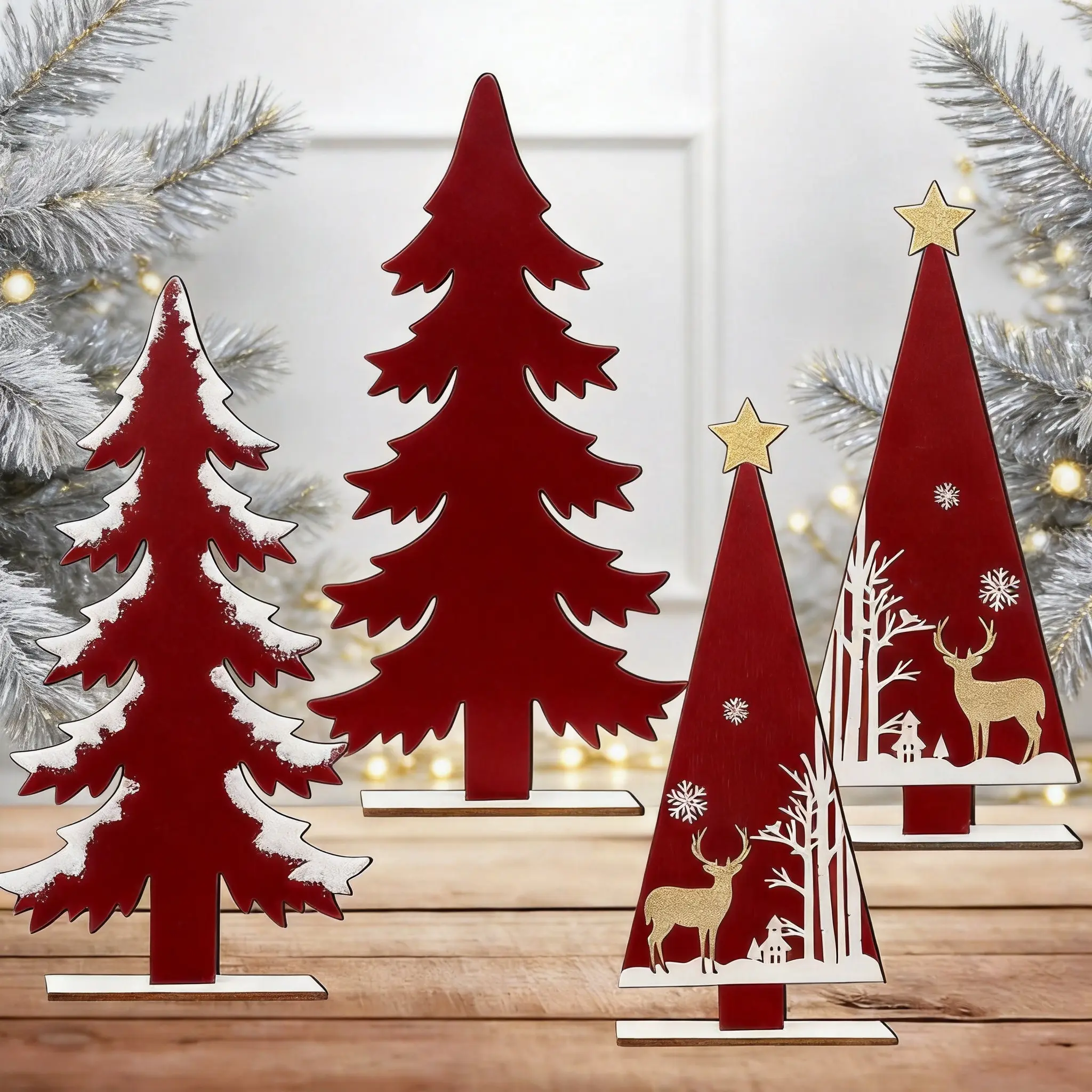 4Pcs Festive Red Wooden Christmas Trees Tabletop Decor, Farmhouse Rustic Wooden Tree Centerpieces, Indoor Holiday Table Ornaments For Xmas Home Decoration