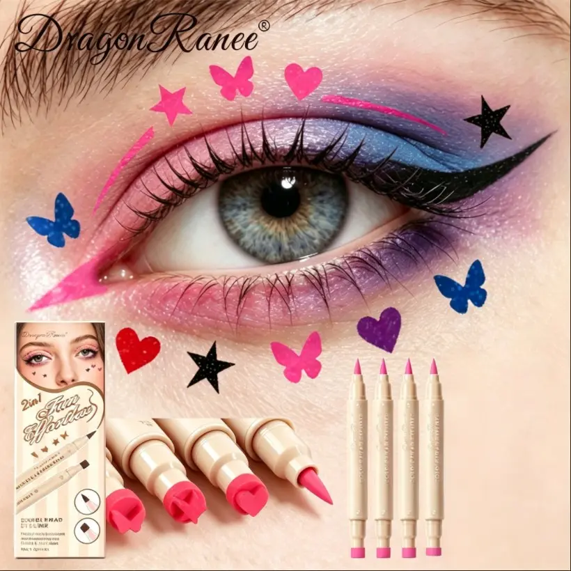 Double-ended multicolor winged eyeliner stamp, patterned decorative eyeliner that's waterproof, quick-drying, and smudge-proof, a double-ended eye makeup product for festive party makeup.