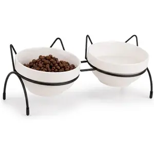 Double Ceramic Cat Food Water Bowl Set with 15°Tilted Raised Stand, Elevated Feeding Station with Two Removable Anti Vomiting Bowls for Kitten and Small Dogs