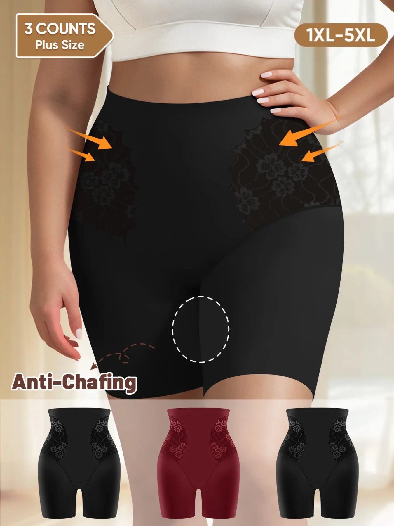 3 Pack Plus Size Side Lace Trim Boxer Shorts, 1xl-5xl, Breathable Elastic Anti-Chafe Thighs, All Season Underwear