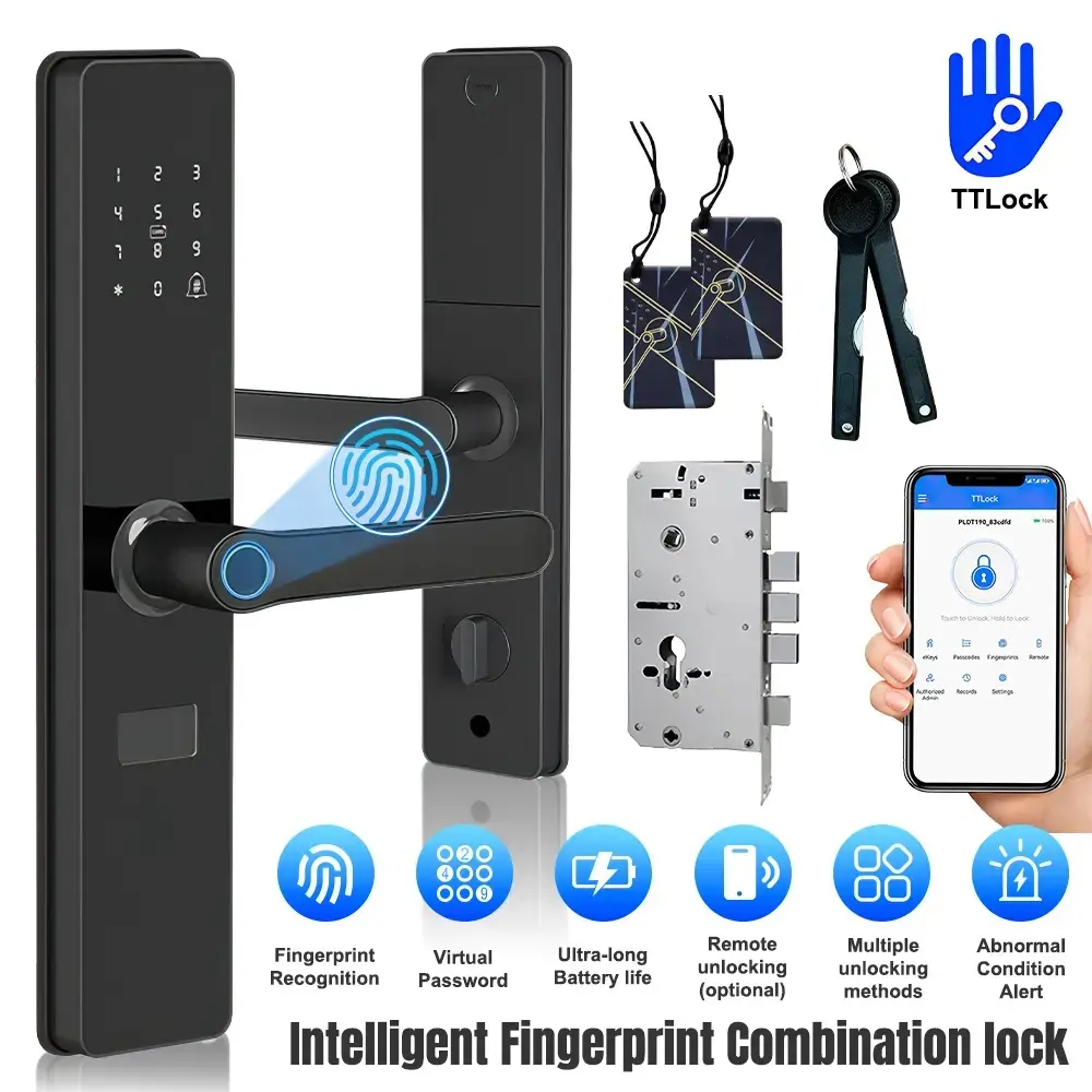6-in-1 Fingerprint Door Lock with TTlock App Remote Unlock, Keyless Entry, IC Card Access, Virtual Password, Mechanical Key, 3-Level Brass Cylinder Options for Home, Office