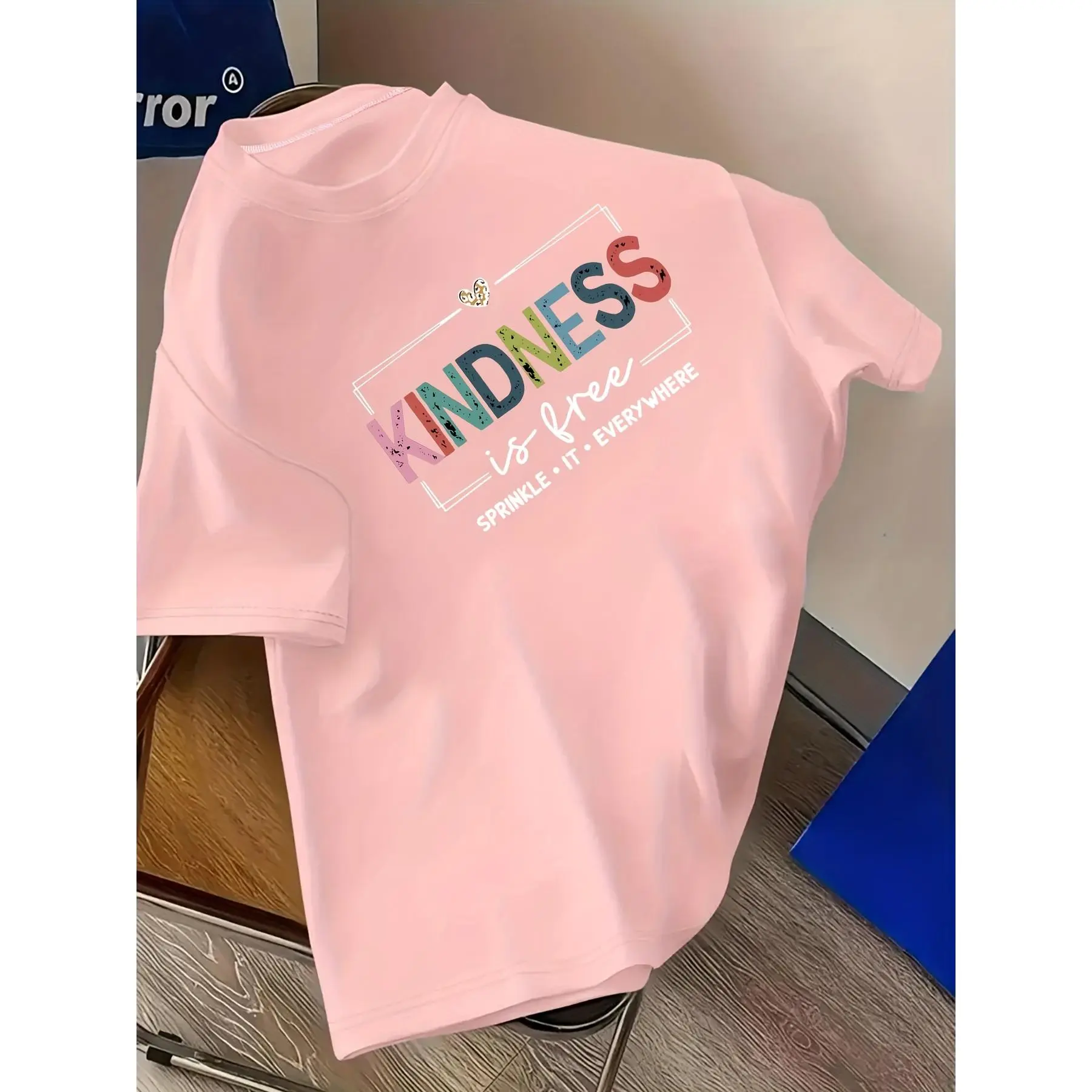 Women's Loose Fit Polyester T-Shirt, Elegant Shortsleeve Streetwear Crew Neck with Colorful "Kindness" Slogan Graphic for Summer, Graphic Tees, Party, Baggy, Sweet, Short Sleeve, Plus Size, Tshirt, Round Neck, T Shirts For Women, Fabric, Basics, Athletic