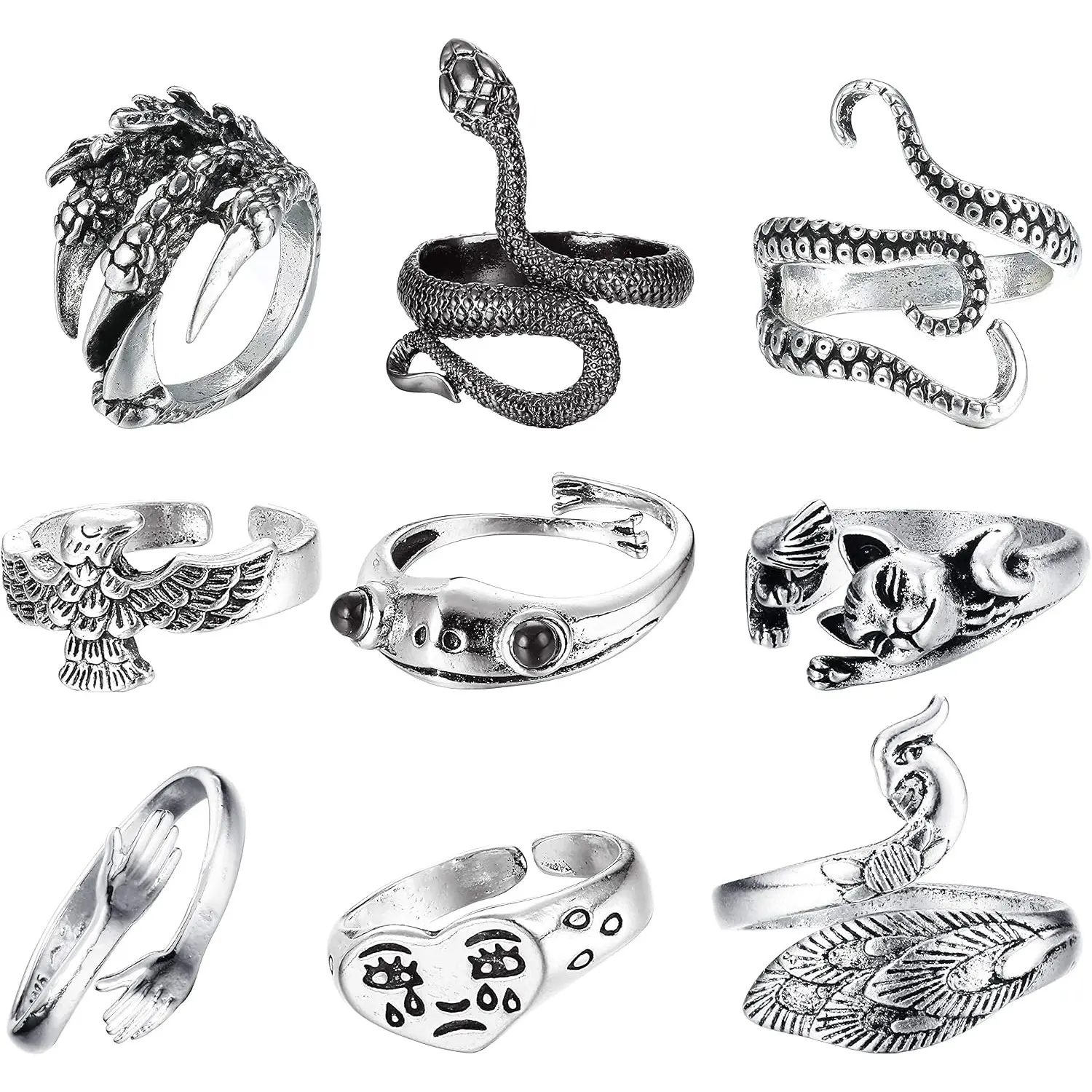 9 Pcs Vintage Boho Stackable Rings Set for Women Men Egirls, Adjustable Open Frog Snake Knuckle Finger Rings Trendy Animal Jewelry