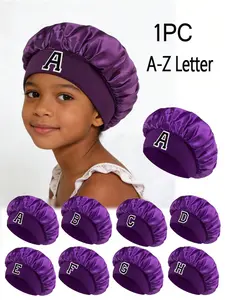 Purple Kids Satin Sleep Bonnet With A-Z Custom Embroidery, Personalized Letter Silk-Like Hair Care Cap For Girls, Soft Breathable Night Hat With Elastic Band, Anti-Frizz Sleeping Headwear For Toddler, Cute Decorative Hair Wrap For Daily & Photoshoot