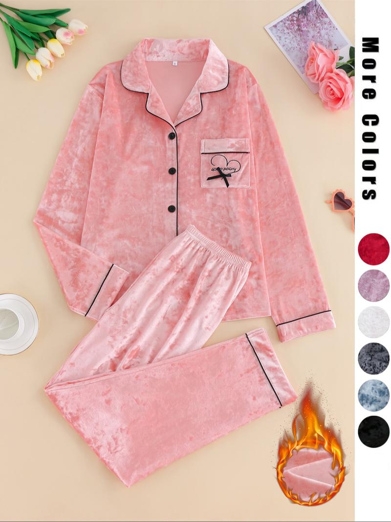 Two-Piece Set Women's Solid Button Front Lapel Shirt & Pants Velvet Pyjama, Long Sleeve Pocket Top & Trousers Set, Women's Sleepwear for Winter
