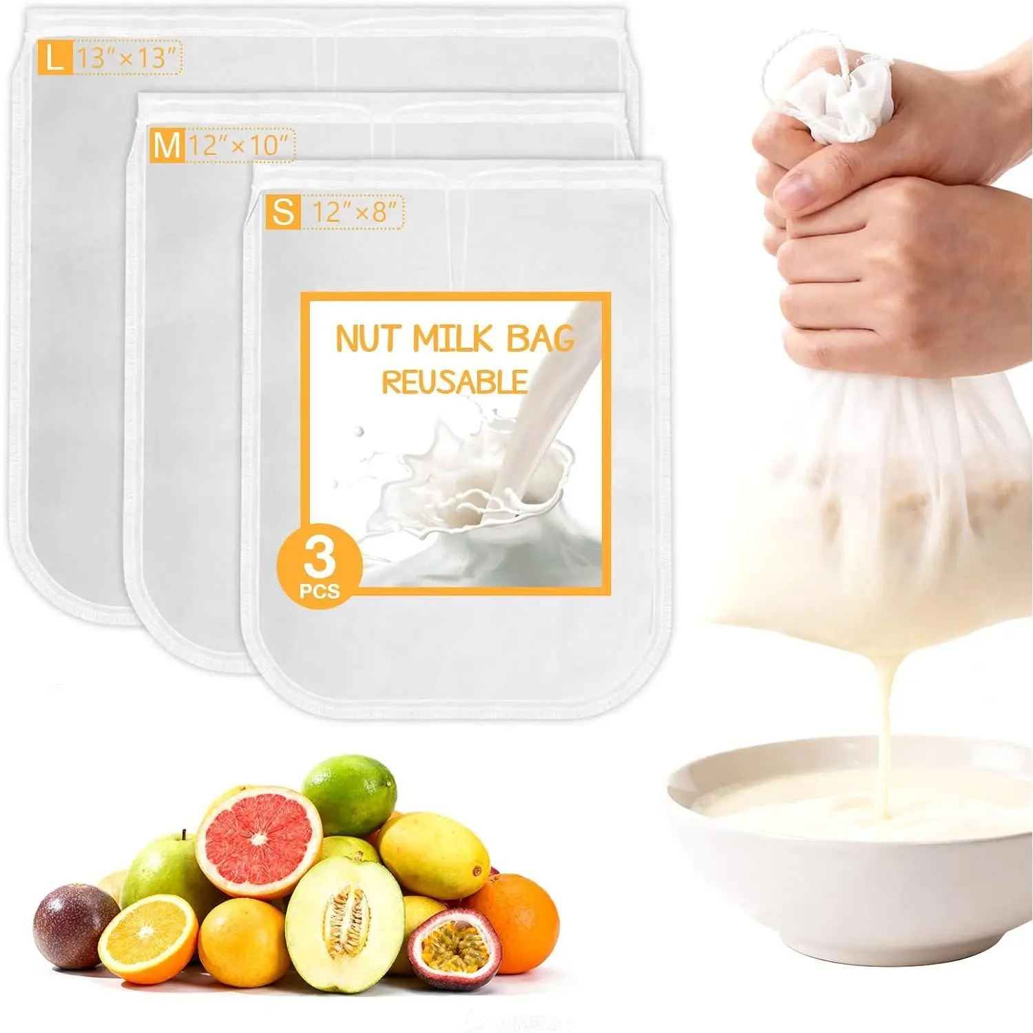 Nut Milk Bag  3 Pack (8"x12"/10"x12"/13"x13") Fine Mesh Nylon Cheese Cloth Strainer Bags for Straining Almond Milk, Soy Milk, Greek Yogurt, Cold Brew Coffee, Juice, , Tofu, Chees