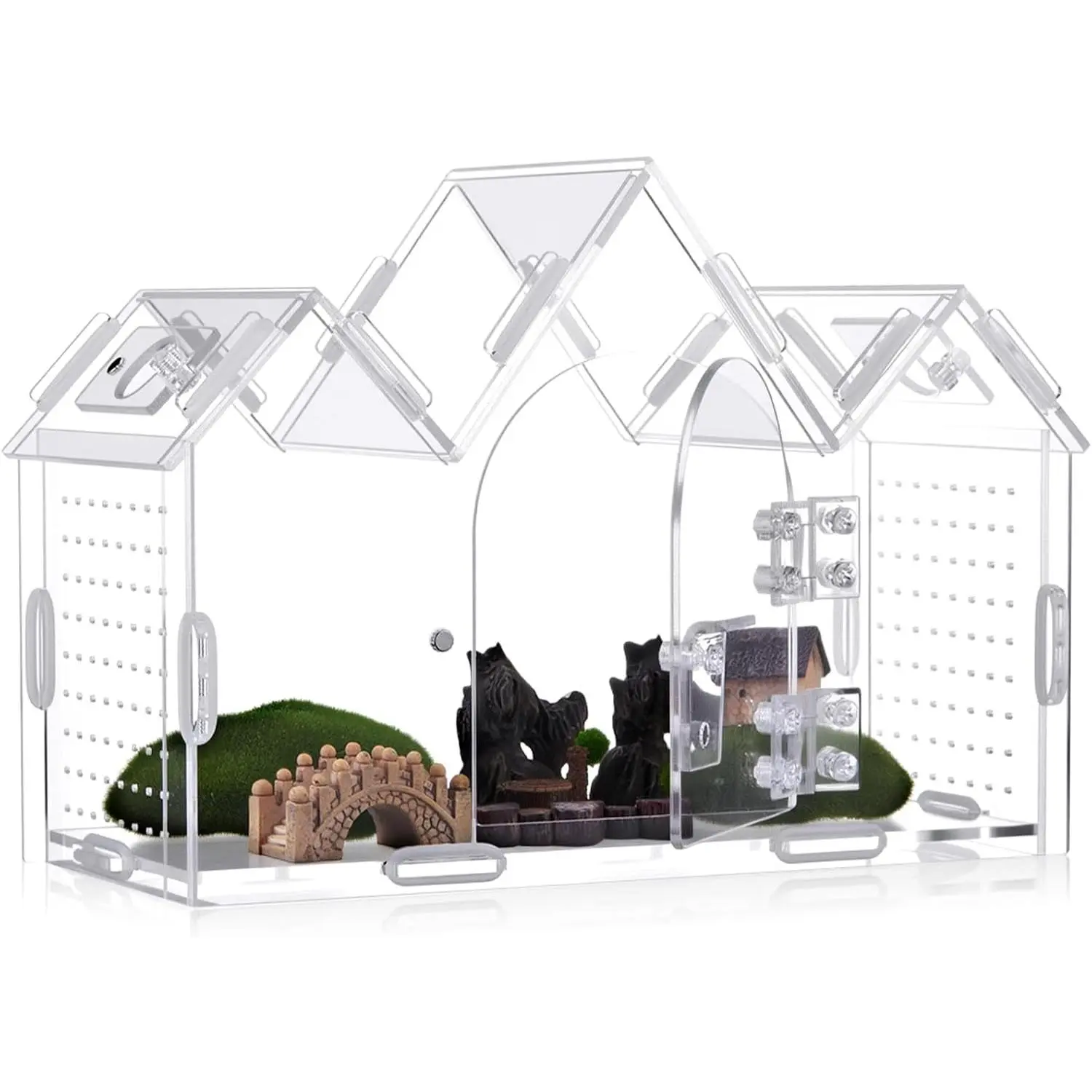 Castle-Style Acrylic Transparent Terrarium, 9.5"x3.9"x6.7" with Magnetic Door for Spiders, Reptiles, Amphibians