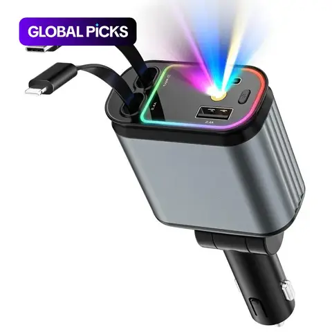 4-in-1 Retractable 66W, Retractable Phone Charger for Car, Smartphone Car Charger with Star Projector Night Light, LED Light, USB Car Adapter, Compatible with iPhone & Samsung #GLOBAL PICKS