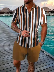 Men's Vertical Striped Short Sleeve Shirt and Solid Color Shorts Set, Summer Beach Casual, Two-Piece Ensemble for Men