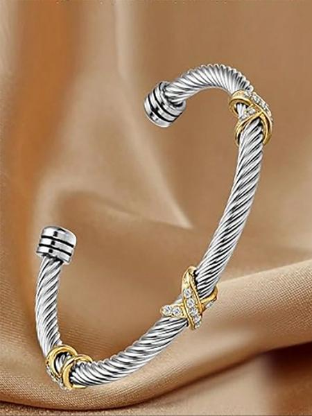 Women's Adjustable Stainless Steel Twisted Cable Bracelet with Zirconia Stones, Casual Cross Color Design, All Season Jewelry Accessory