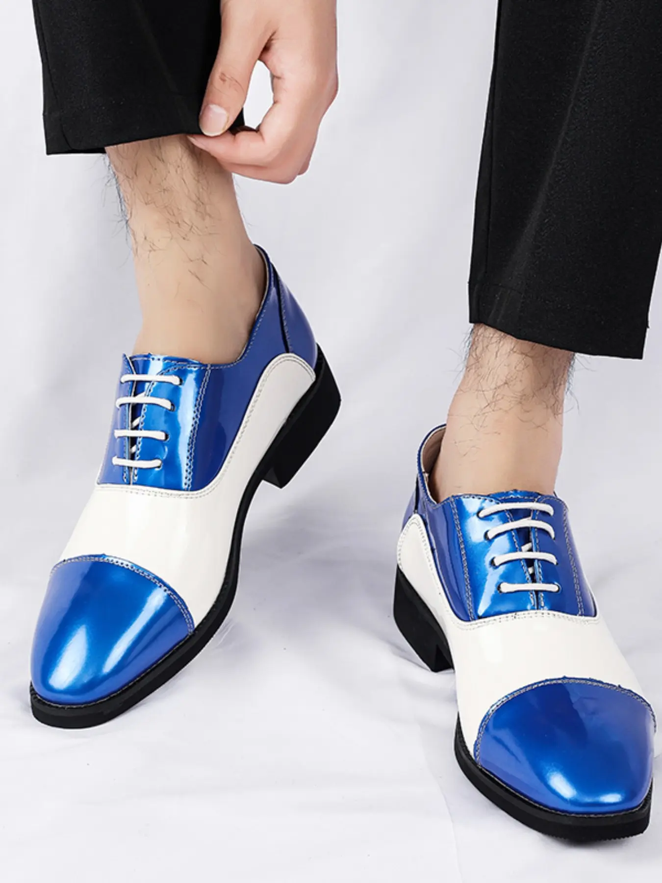 Men's Formal Oxford Shoes, Mirror Finish Patchwork Design, Pointed Toe Lace-Up, Business Casual, Wedding Party Nightclub, Youth Trendy Shoes
