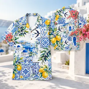 Men's Hawaiian Shirt Short Sleeve Button Down, Greek Island Santorini Lemon Olive Blue Tile Print, Camp Collar Summer Vacation Beach Resort Shirt for Men, Lightweight Casual Top for Cruise, Luau, Party, Travel, Holiday, Mediterranean Style Beachwear.
