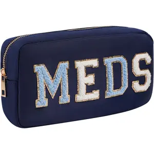 Chenille Letter Patch Nylon Medicine Packages,Cute MEDS Travel Makeup Bag with Metal Zipper, First Aid Purse Organizer Cosmetic Bag for Women and Girls(03Navy).