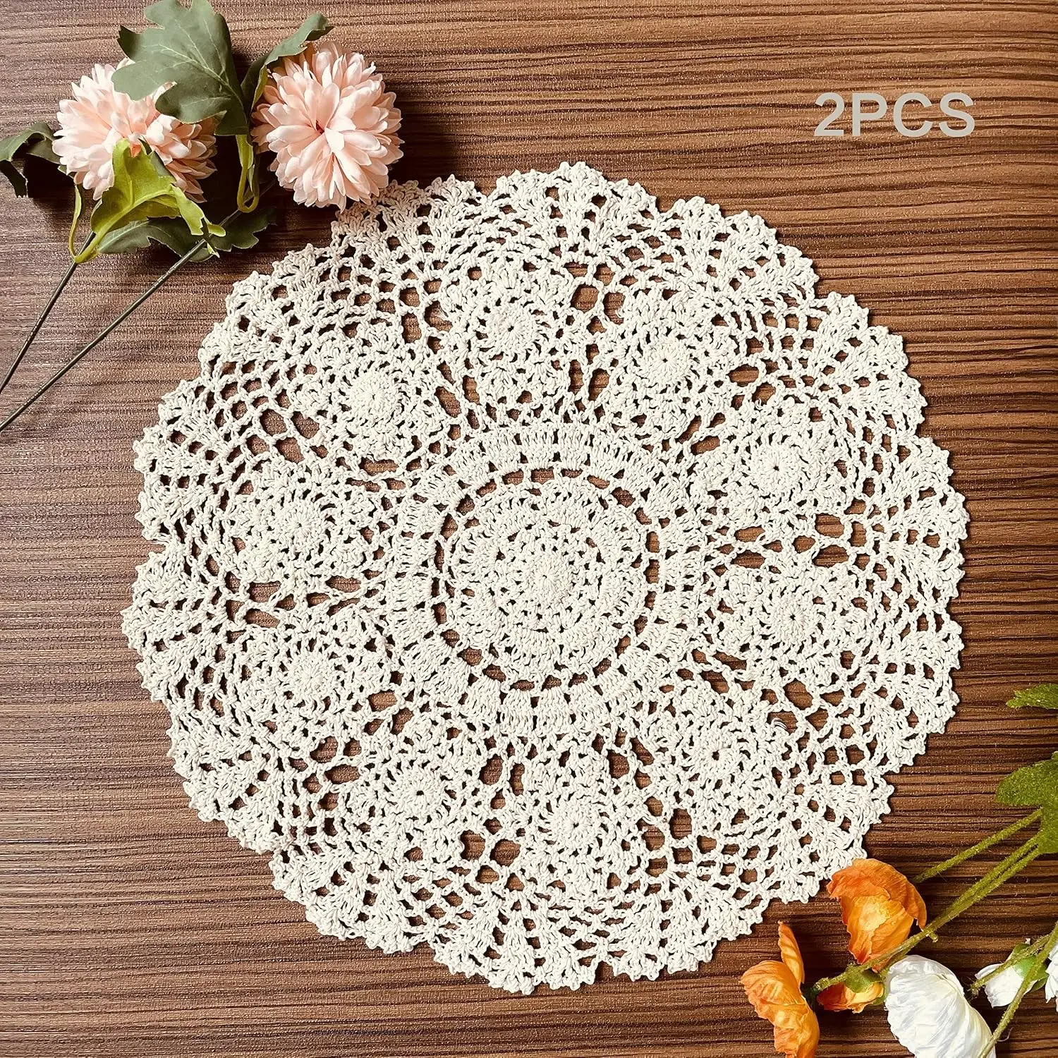 2Pcs Handmade Crochet Doilies, Cloth Lace Table Placemats, Vintage Decorative Lace Floral Tablecloths, Beige (Round - 15.7inch)
