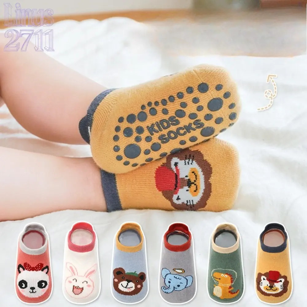 6pcs Cartoon Animal Gripper Baby Socks, Non Slip Silicone Dots Toddler Floor Socks, Little Tail Design Low Cut Infant Anti-slip Trampoline Socks, Soft Cotton Breathable Kids Walking Socks, Anti Skid Indoor Crawling Slipper Socks for Baby Boys Girls