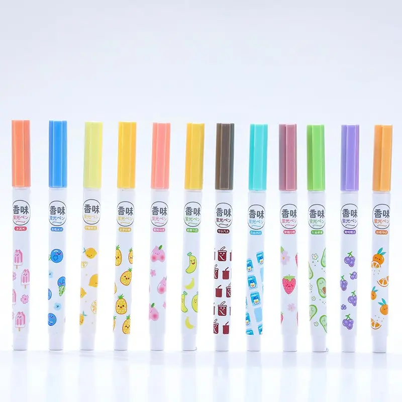 Student Fruit Scented Highlighter Pen, Soft Eye-Friendly Fluorescent Marker, No Smudging, Multiple Colors, Dual Use for Notes and Journals