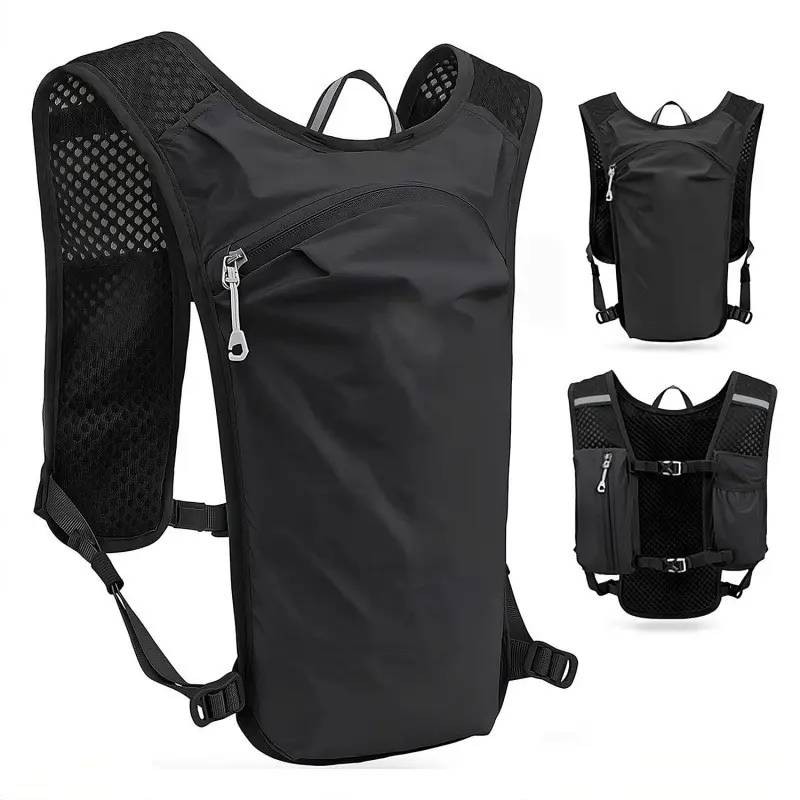Lightweight, breathable running vest with hydration bladder, adjustable straps, reflective safety design