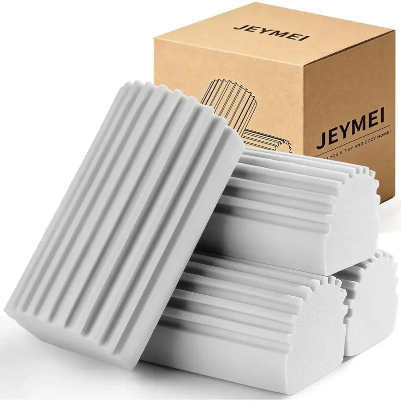 Jeymei 4-Pack Damp Clean Duster Sponge,Gray Damp Dusting Sponge,Duster Baseboard Cleaner Sponge with Ridges,Reusable Wet Duster Sponge,Household Cleaning Sponges for Blinds,Window Track Grooves