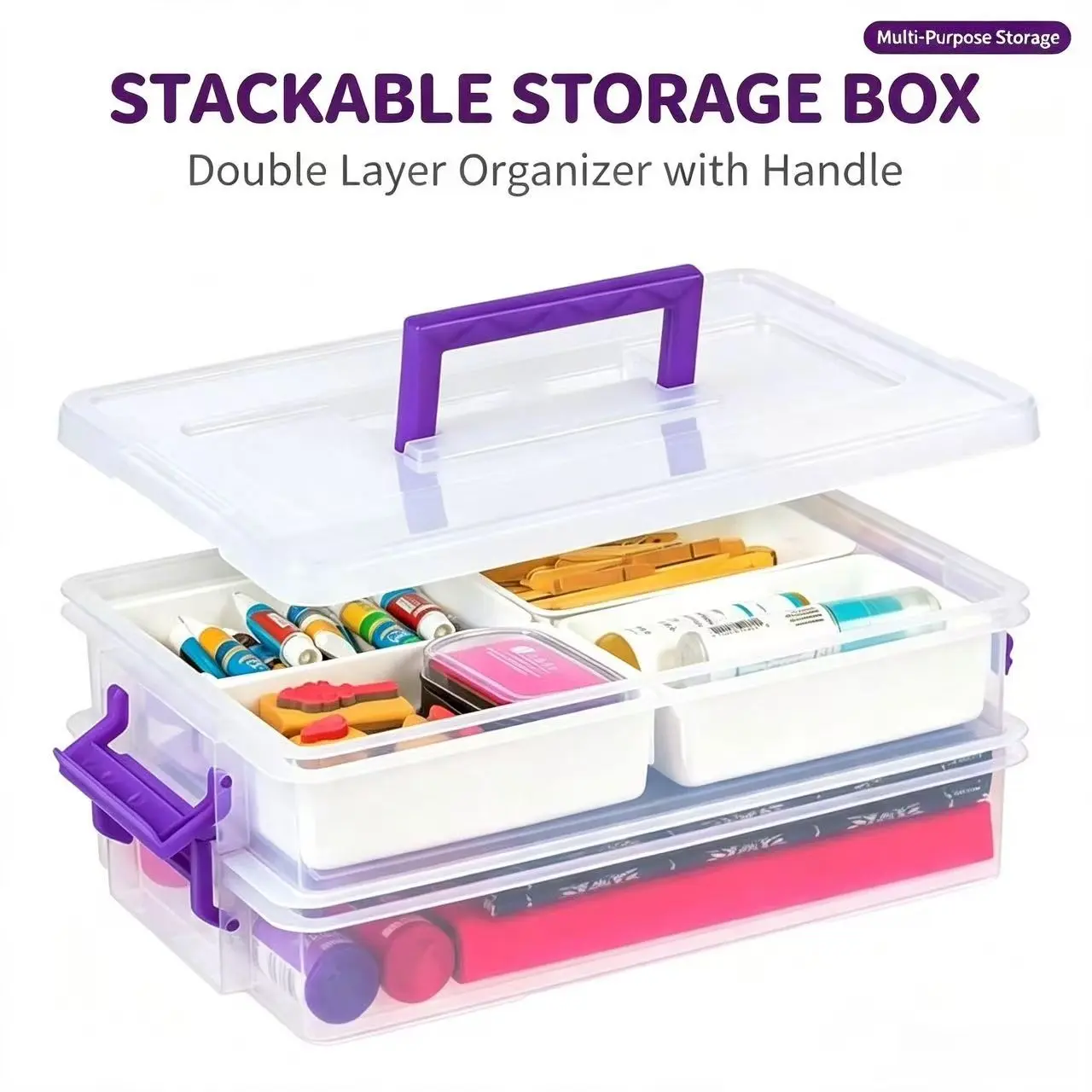 Back To School Supplies, Double Layer Transparent Plastic Storage Box, Portable Craft Organizer Container with Handle, Compartment Storage Case for Art Supplies, Stationery, Cosmetic