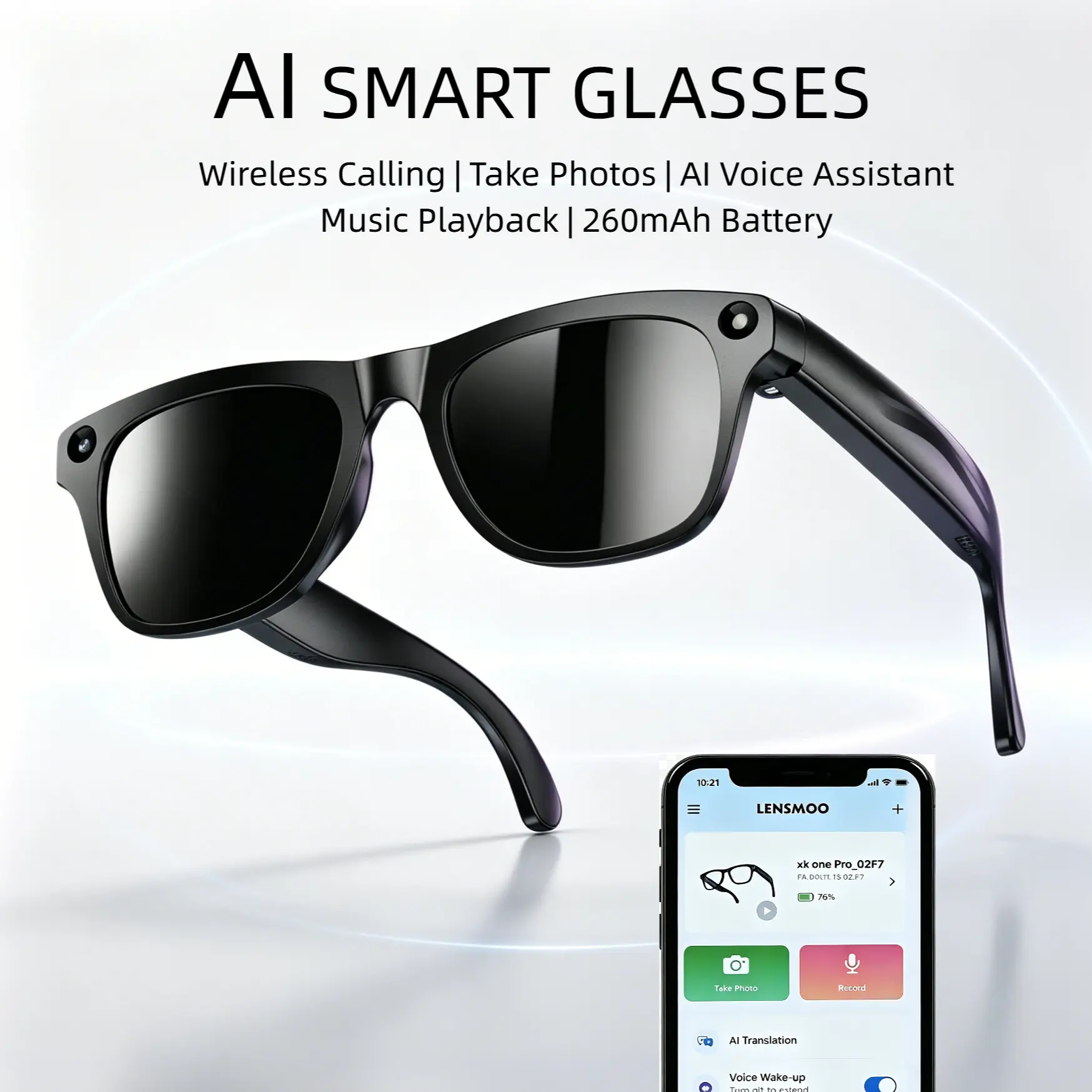 AI smart glasses with Bluetooth calling, photo taking, translation, and music features
