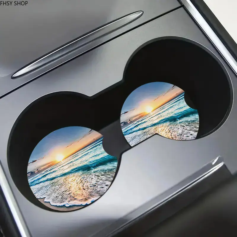 Auto decor essentials | Rising turquoise beach wave car cup coasters set | Underrated durable anti-scratch interior pads | Bright ocean sunset print keeps cup holders clean, perfect for beach lovers, vacation cars and weekend getaways