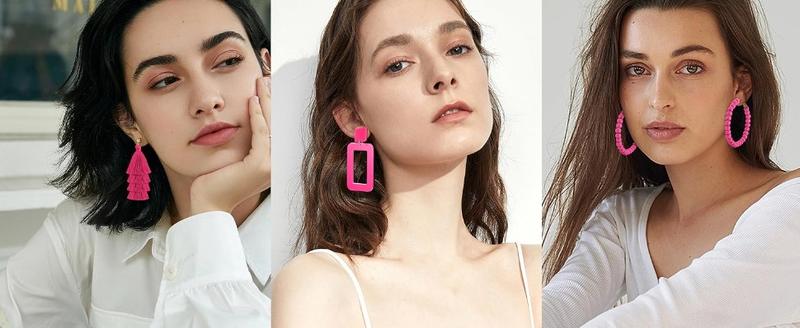 FUNRUN 4Pairs Hot Pink Earrings for Women Statement Earrings Geometric Heart Drop Hoop Earrings Boho Long Tassel Dangle Earrings