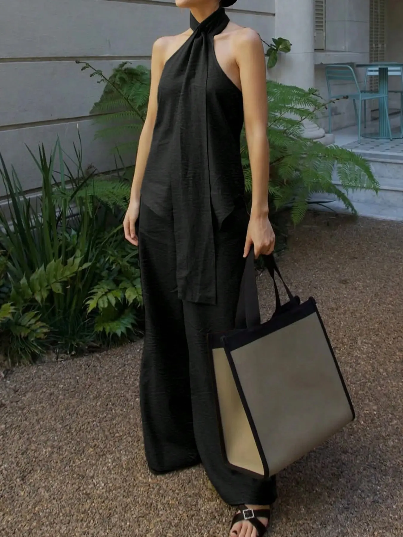 Textured Halter Neck Two-Piece Set, Cross-Tied Ribbon Backless Top, High-Waisted Wide Leg Pants, French Minimalist Style, Office Tea Date, Clothes