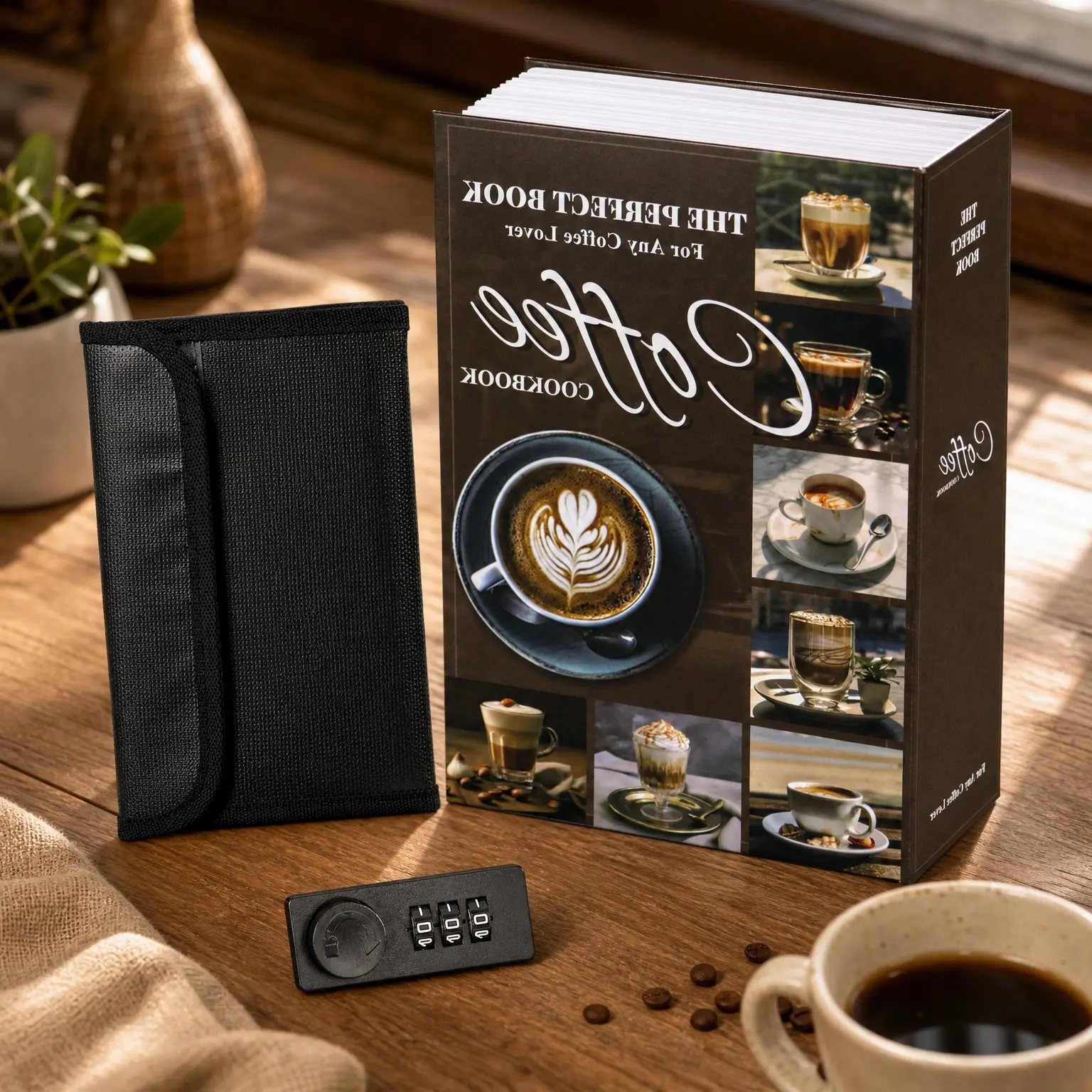 Hidden Book Safe with Combination Lock and Fireproof Bag – Secret Hollow Storage Box for Cash & Valuables, 9.5 x 6.2 x 2.2 Inch, CoffeeGift