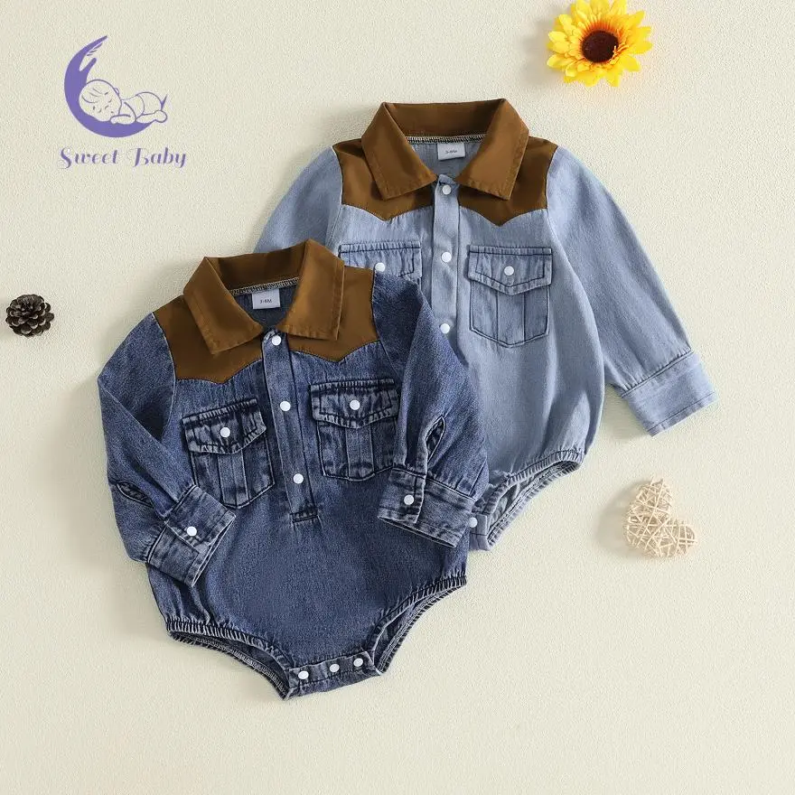 Baby Boy Cotton Blend Stretch Elastane Denim Romper - Long-Sleeve, Contrast-Color Collared Bodysuit Jumpsuit