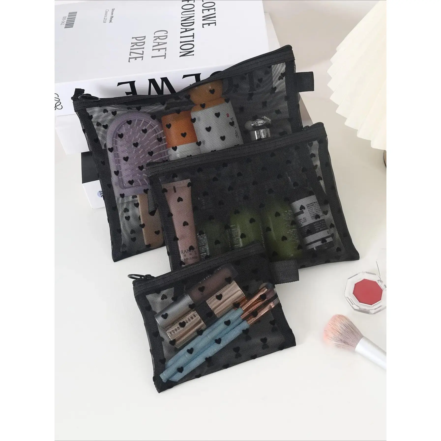 3 Pack Heart Mesh Makeup Bags for Women - Clear Transparent Cosmetic Organizer Pouches, Travel Toiletry Bags for Makeup Brushes Skincare, Breathable Visible Storage