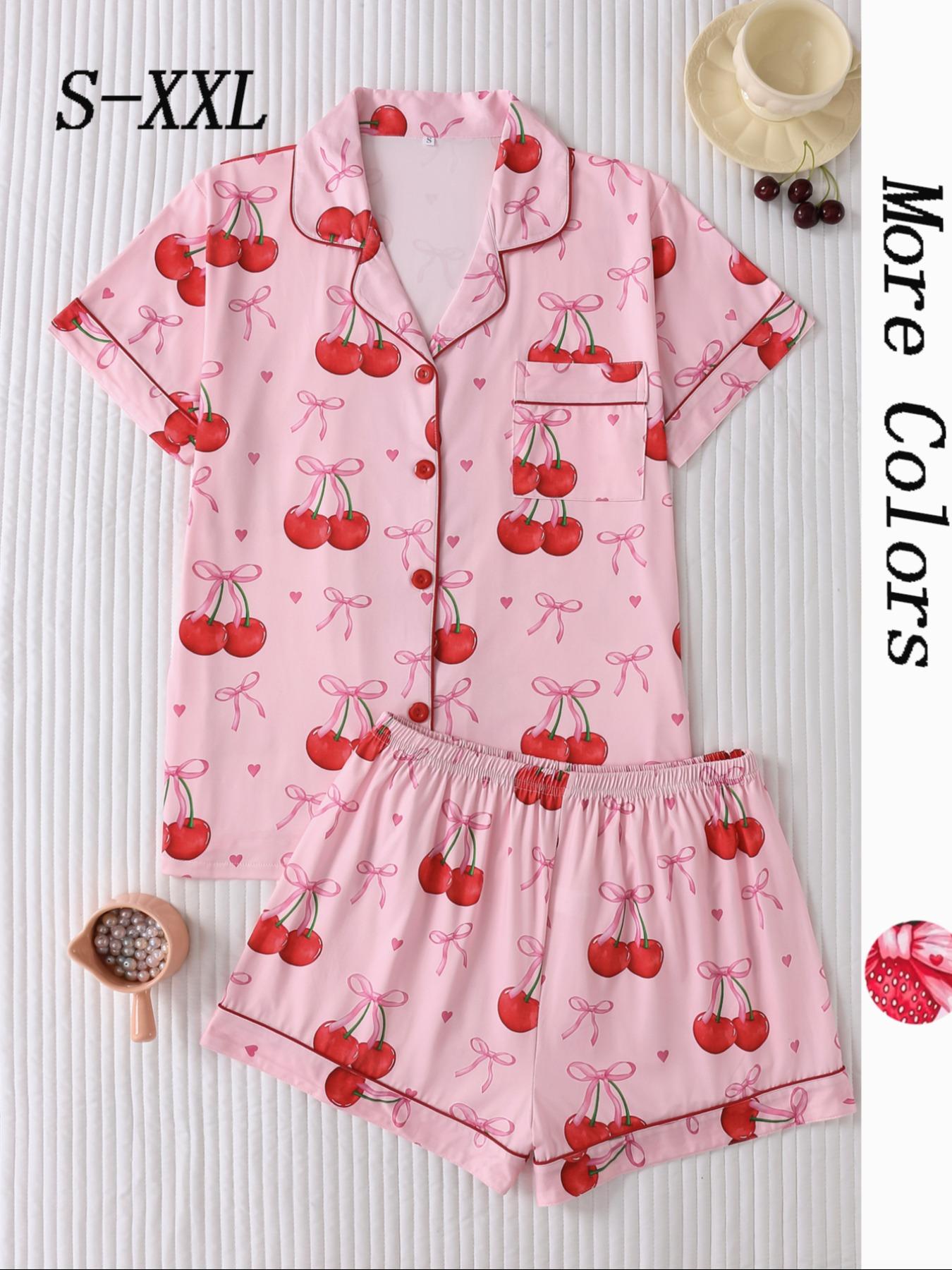 Women's Strawberry & Heart Print Lapel Neck Shirt & Shorts Pyjama Two-piece Set, Ladies Sleepwear for All Seasons, Pajama Set, Loungewear
