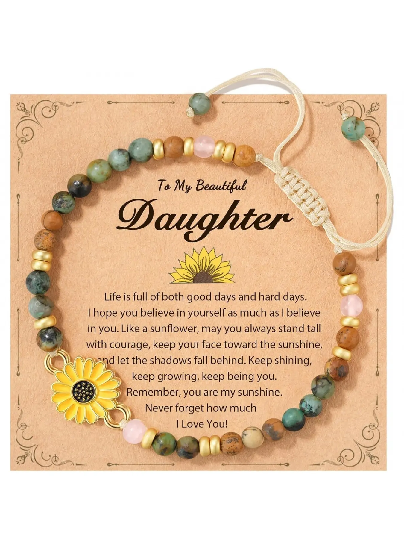 Sunflower Accent Beaded Bracelet, Handmade Natural Mixed Stone Wrist Jewelry, Vintage Boho Stretch Adjustable Braided String Bracelet, Gentle Daily Layering Accessory, Sweet Holiday Gift For Women, Girls, Best Friends And Loved Ones