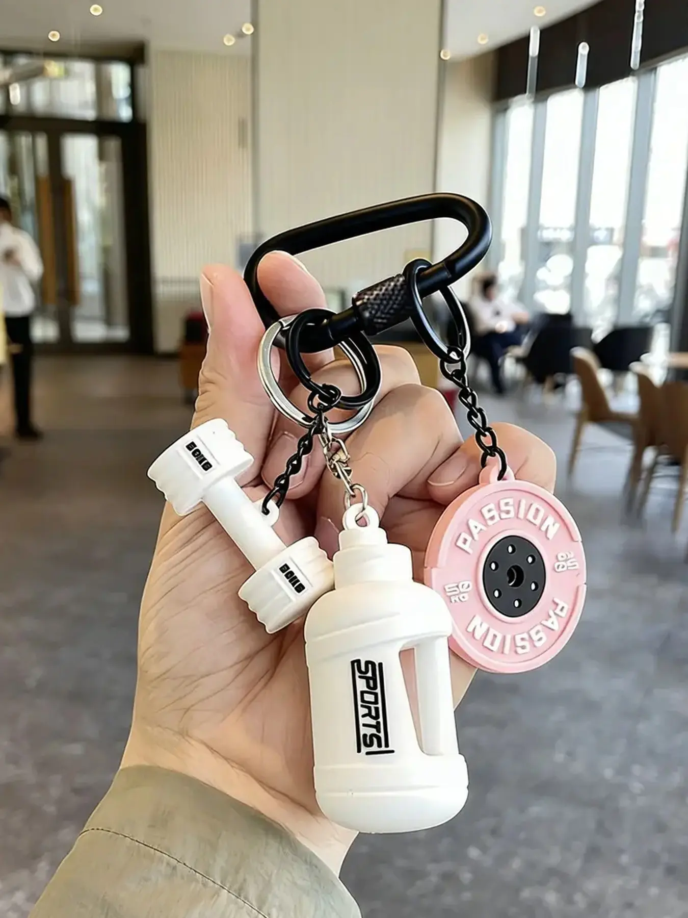 Pastel Fitness Keychain Sporty Bag Charm, Thread‑Lock Color‑Match Carabiner With Mini Dumbbell Weight Plate Shaker Bottle Silicone Pendants, Soft Neutral Gym Aesthetic Backpack Decor, Motivational Accessory Gift For Gym Buddies, Weightlifters & Teen Stree