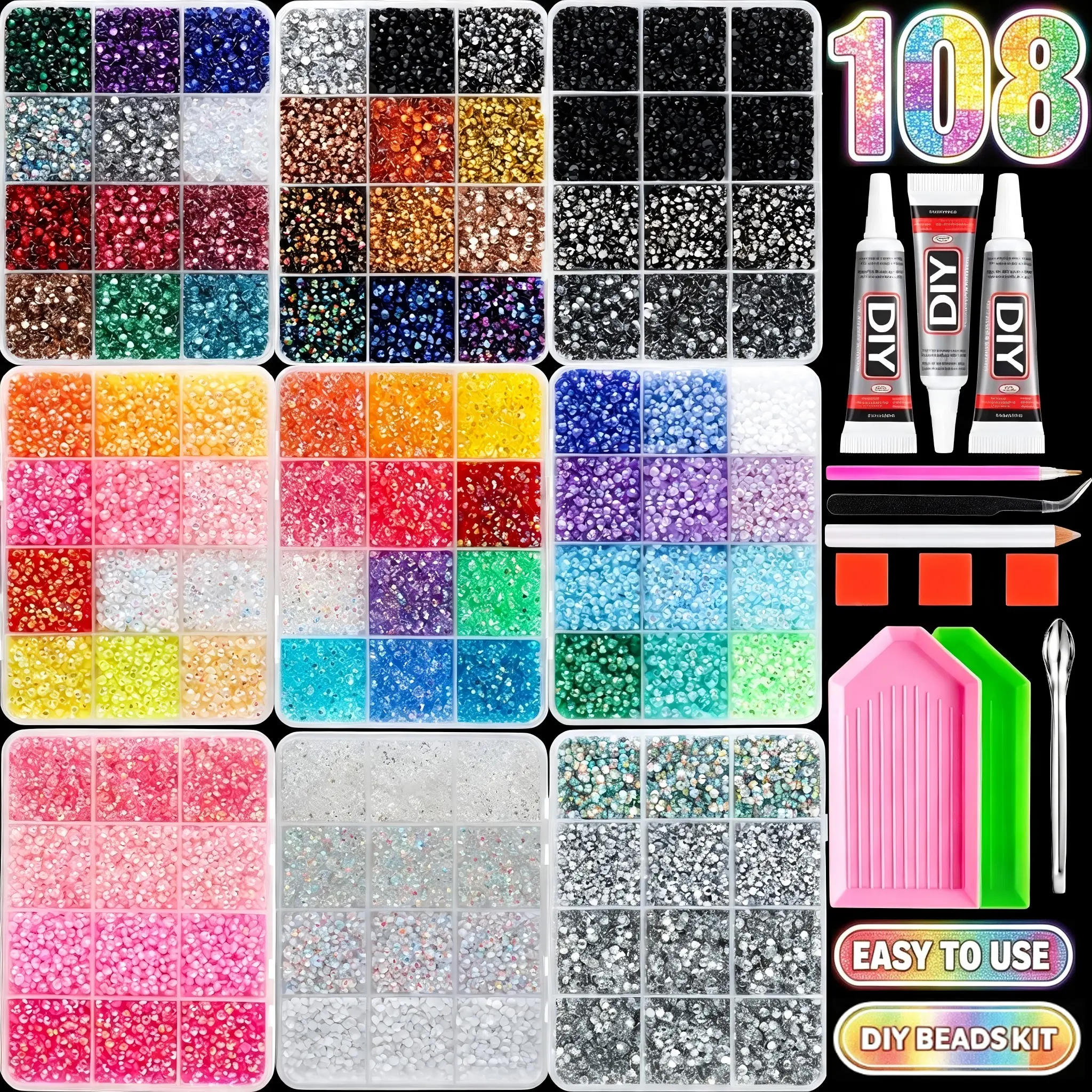 9Boxes of 108 Colors Shiny Semi-Circular Flatback Resin Nail Diamond Art Gem Charms 3mm Rainbow Colors AB Jelly Mini Nail Rhinestones Bedazzling Kit for DIY Hairpin Clothings Jewelry Nail Accessories