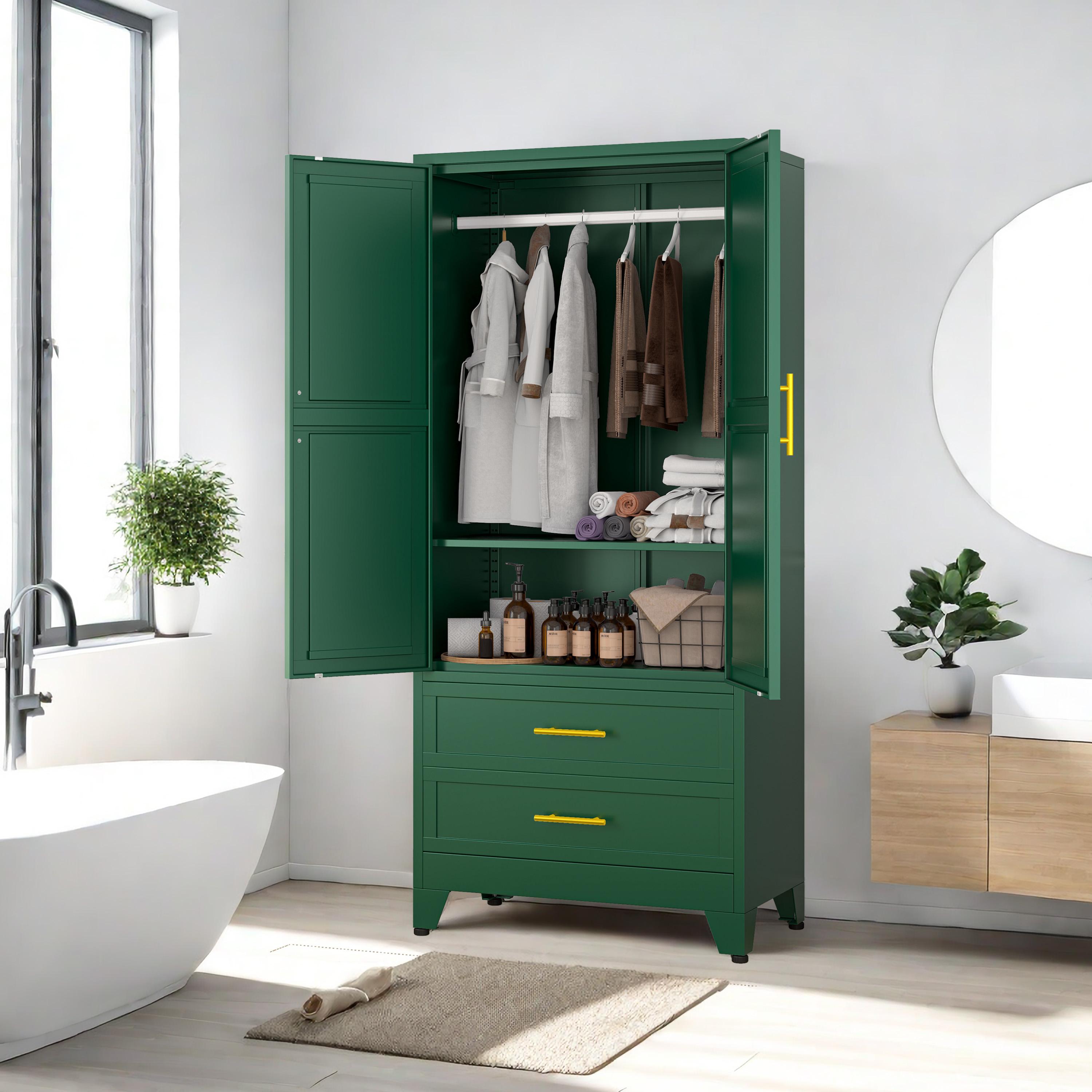 Metal Wardrobe Closet with 2 Doors & 2 Drawers, 71"" Tall Armoire Wardrobe Closet with Hanging Rods and Adjustable Shelf, Steel Wardrobe Storage Cabinet for Bedroom, Large mothersdaygift