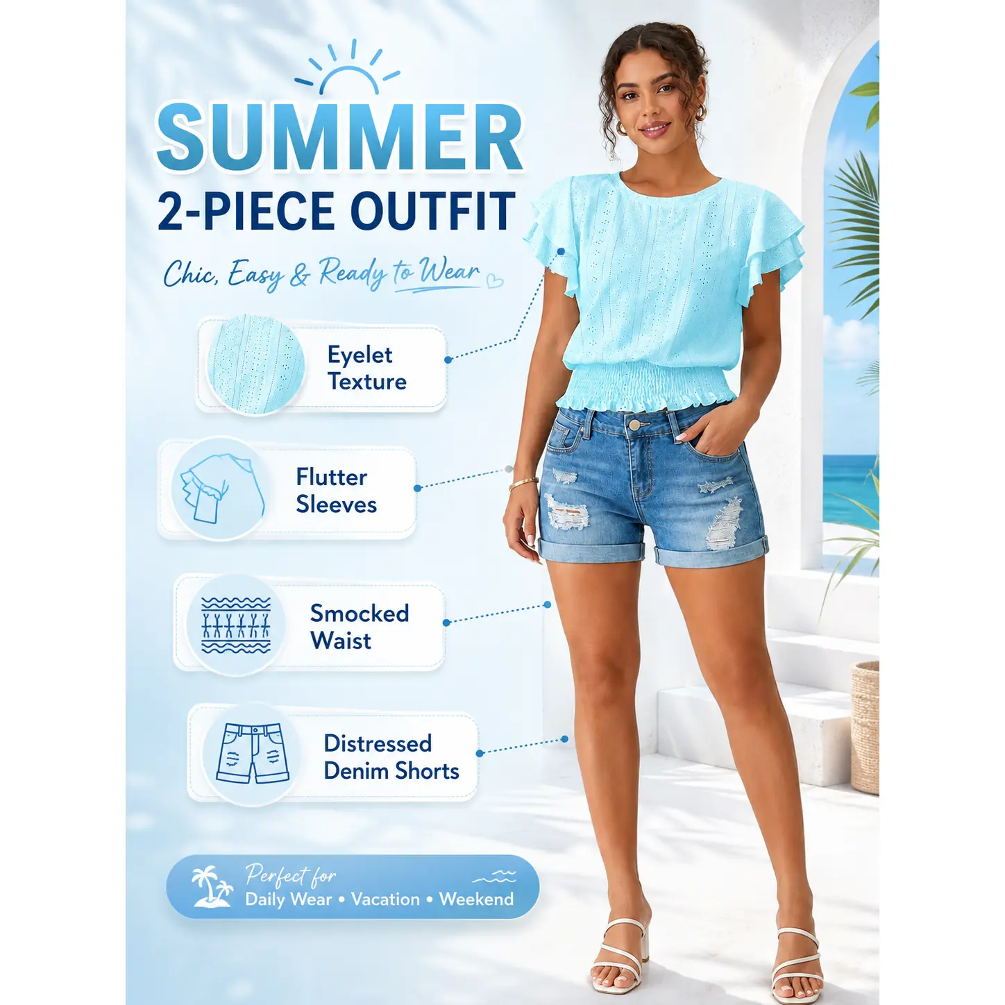 VERNOLA Women's 2-Piece Outfit, Feminine Eyelet Button-Front Smocked Crop Top with Flutter Short Sleeves and High-Waist Ripped Denim Shorts, Breathable, Casual, Style