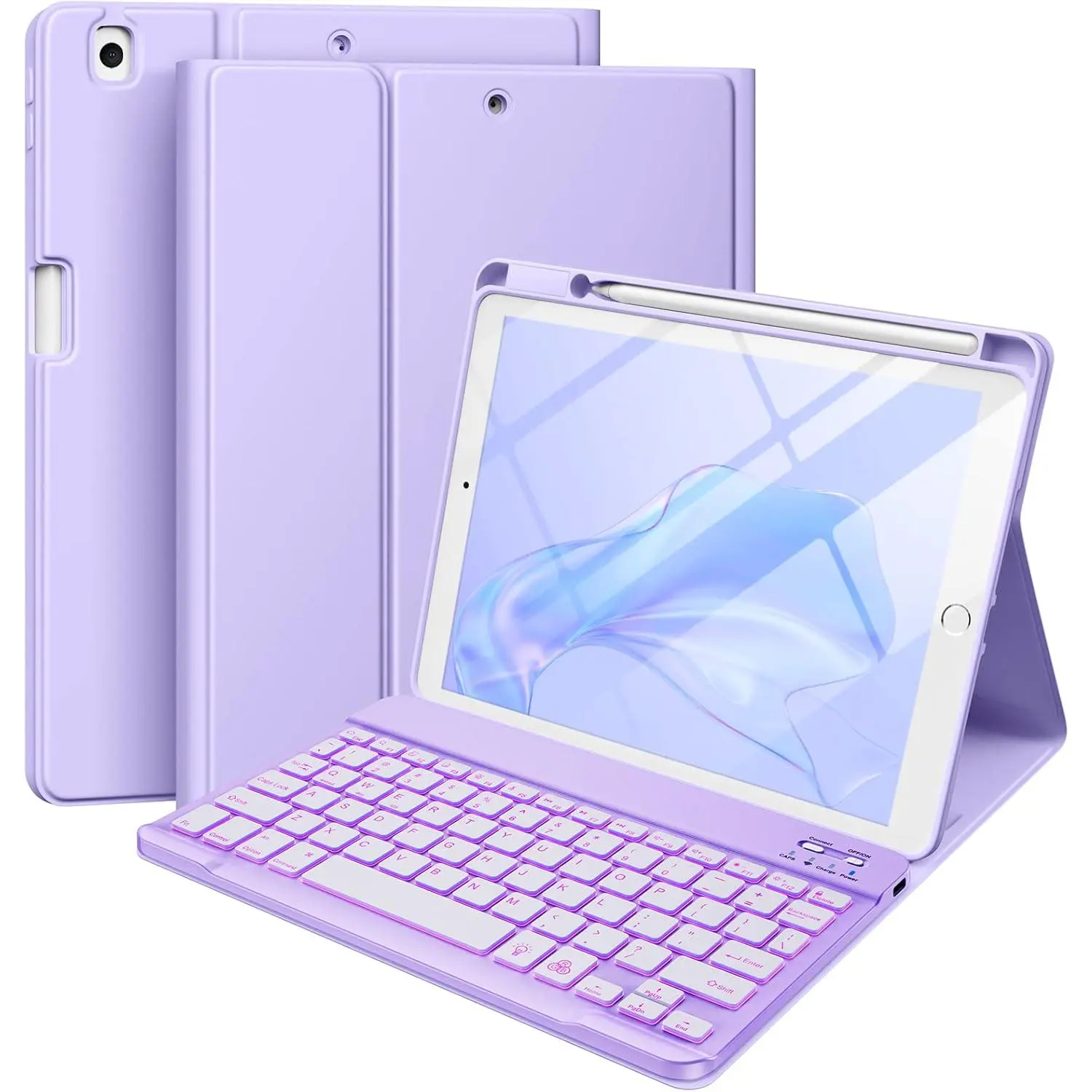for iPad 9th Generation Case with Keyboard 10.2 Inch - Backlit Wireless Detachable Folio Keyboard Cover with Pencil Holder for iPad 8th Gen/7th Gen/iPad Pro 10.5"/iPad Air 3rd Gen (Purple)