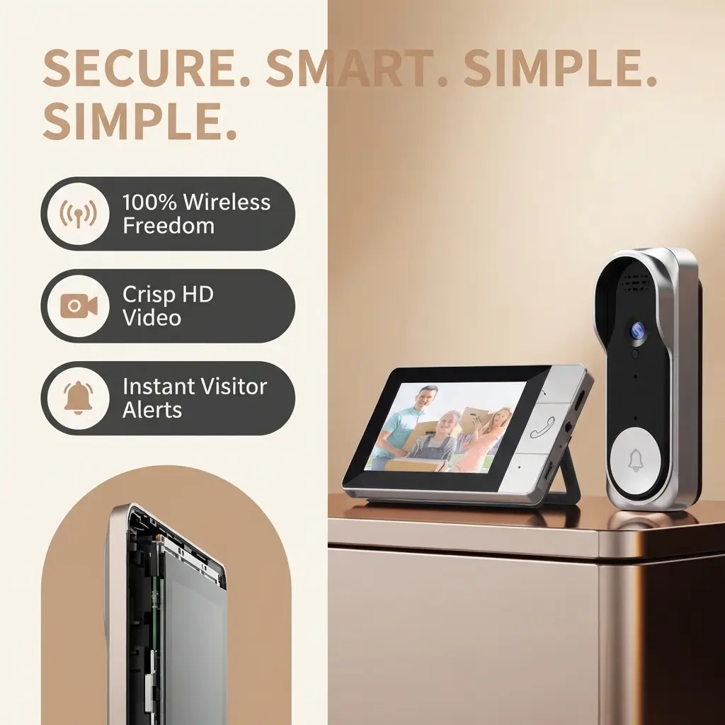 Home‑Use Wireless Visual Doorbell, 4.3" Indoor Display Monitor, Two‑Way Audio Intercom, Door Security Surveillance Device