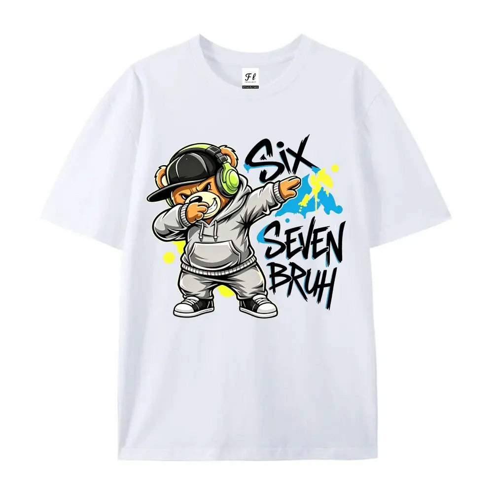 Hip Hop Dabbing Teddy Bear Graphic T-Shirt, Streetwear Graffiti Six Seven Bruh Casual Short Sleeve Top