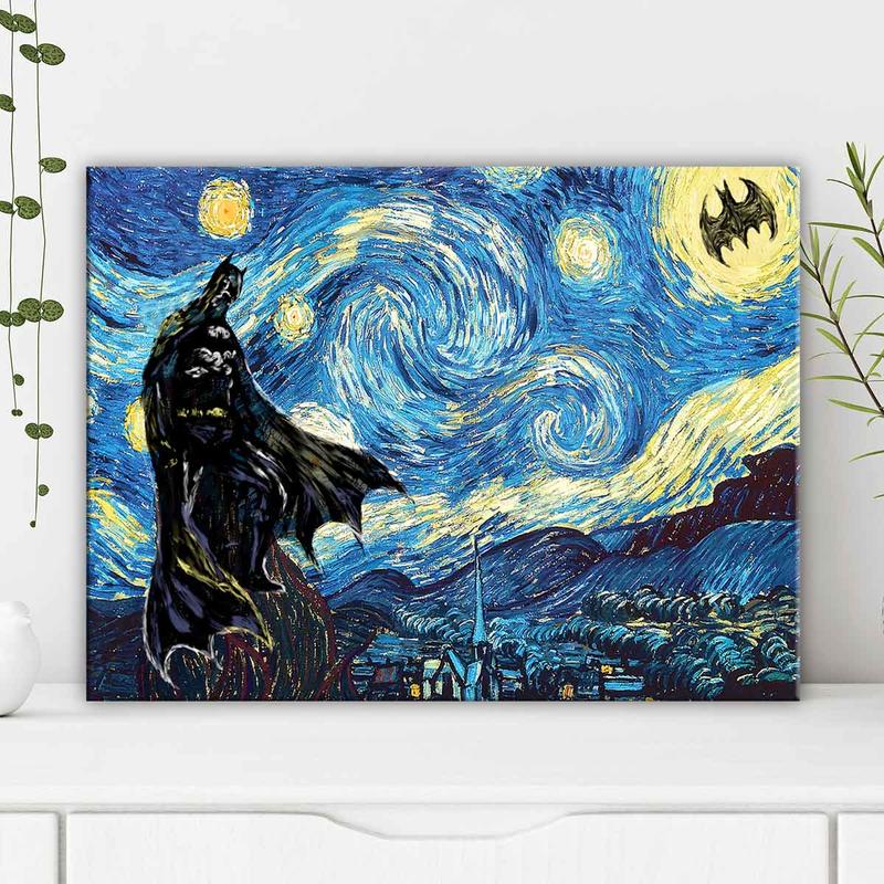 Van Gogh's Starry Sky Pattern Canvas Painting with Frame, Modern Art Bat Character Posters, Wall Art Decor for Home Living Room Bedroom Office, Halloween Van Gogh's Starry Sky Pattern Canvas Painting with Frame, Modern Art Bat Character Posters, Wall Art Decor for Home Living Room Bedroom Office, Halloween