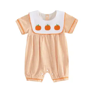 Infant Baby Boy Girl Halloween Romper Pumpkin Embroidered Striped Short Sleeve Jumpsuit 0-18 Months