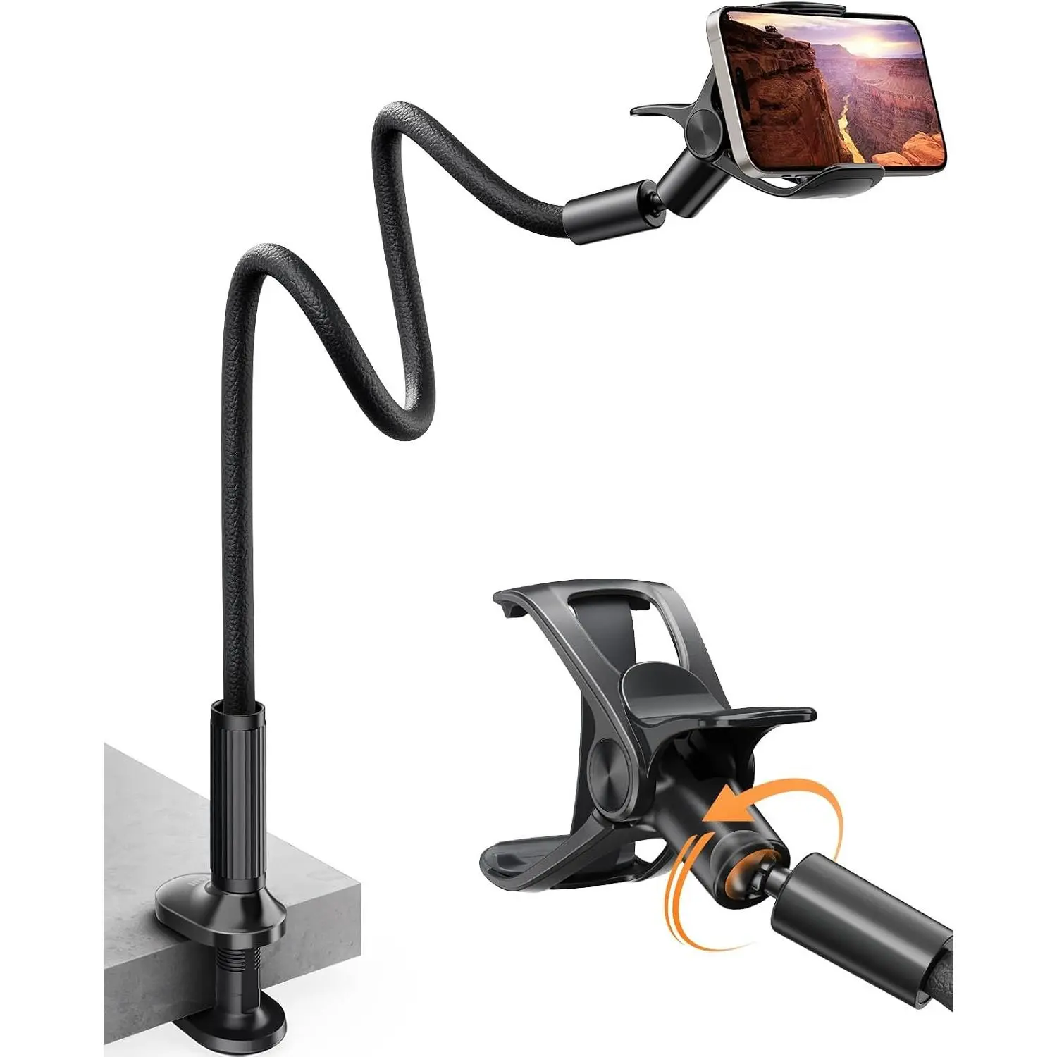 Gooseneck Mobile Phone Clamp Mount for Bed, 38.6in Flexible Leather-Wrapped Alloy Arm Overhead Stand, 360° Rotation Adjustable Clip, Compatible with 4-7in Cellphones (Black), 4-7 In