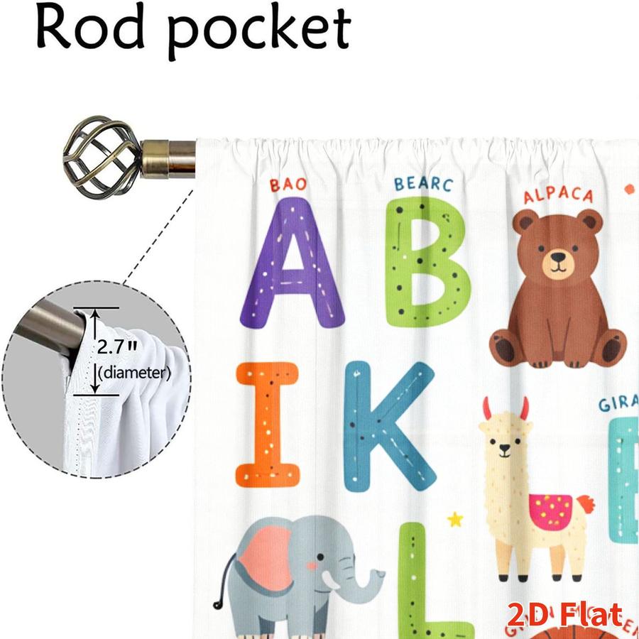 2Pcs Cartoon Animal Alphabet Kids Curtains Digital Printed Rod Pocket, Window Treatment For Bedroom Office Kitchen Living Room Study Home Decor