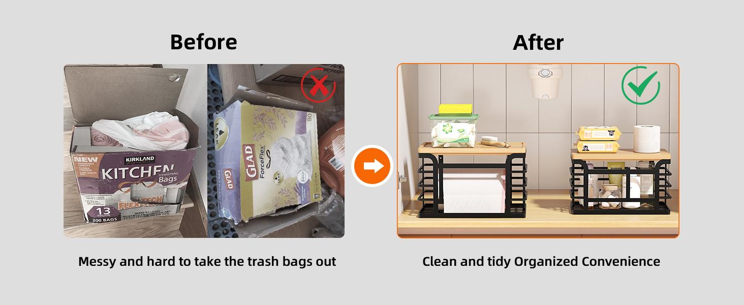 2 Pack Stackable Trash Bag Holder with Bamboo Top, 2025 Pro Wall Mount Laundry Room Organization, Djustable Hooks for Cabinet Door - Organizers in Kitchen/Pantry/Laundry Room, Black