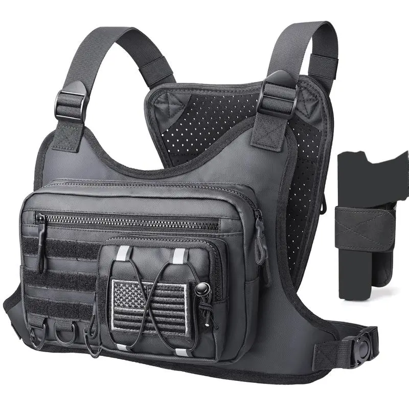 Unisex chest bag, tactical chest strap with gun holster, outdoor sports running vest, suitable for hiking, cycling, traveling, fitness, and daily carry