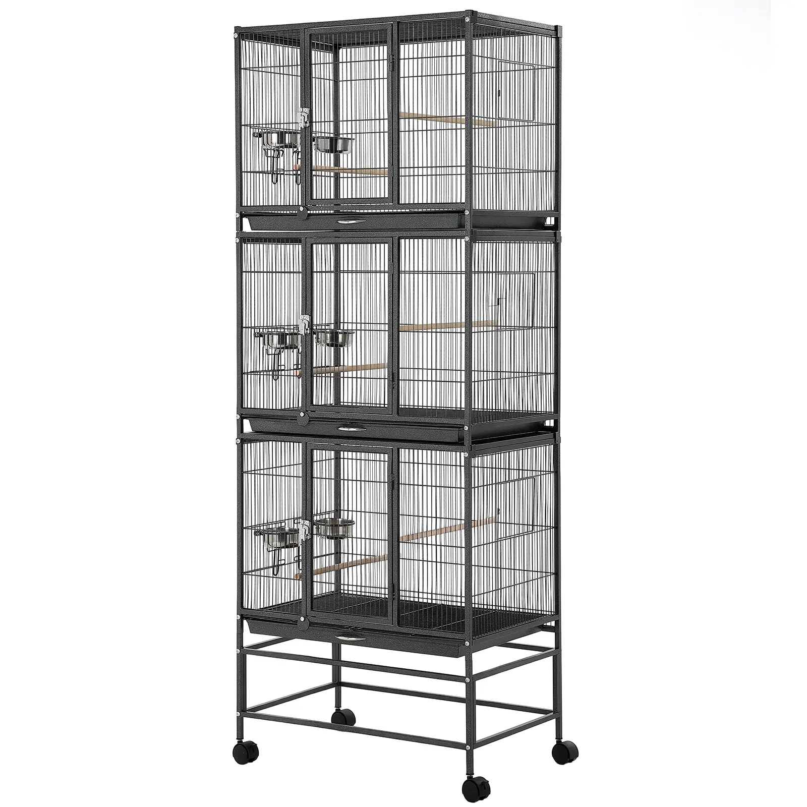 Heavy Duty Carbon Steel Large Bird Flight Aviary, 74 Inch Multi-Bird Breeding Cage with 3 Separable Compartments, Removable Dividers & Slide-Out Waste Trays, Stackable Design for Indoor Outdoor Bird Raising