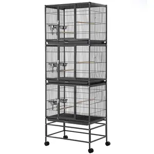 Heavy Duty Carbon Steel Large Bird Flight Aviary, 74 Inch Multi-Bird Breeding Cage with 3 Separable Compartments, Removable Dividers & Slide-Out Waste Trays, Stackable Design for Indoor Outdoor Bird Raising