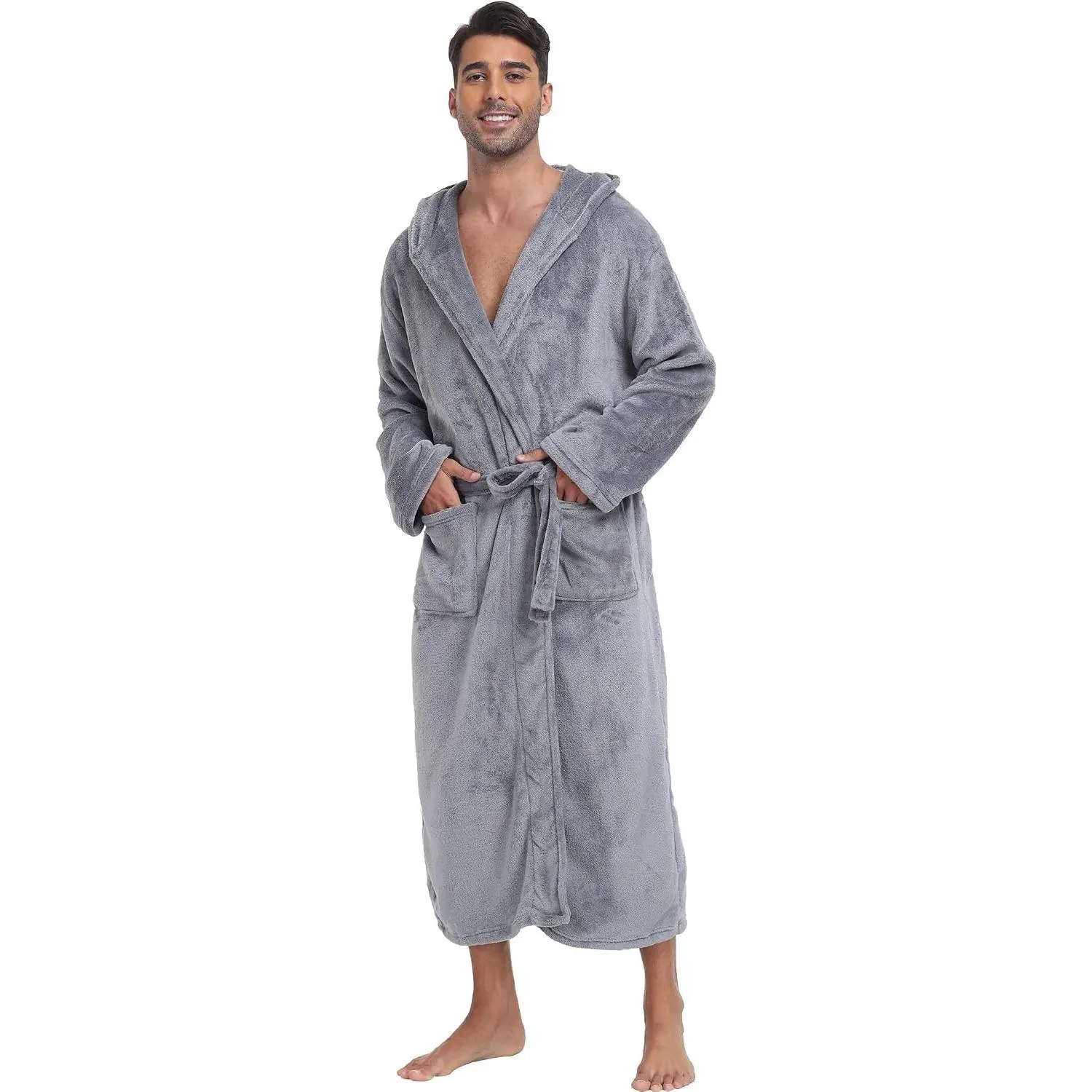 Men's Plush Hooded Bathrobe Winter Warm Fleece Robes Soft Flannel Long Robes with Pockets, Full Length